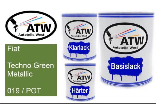 Fiat, Techno Green Metallic, 019 / PGT: 1L Lackdose + 1L Klarlack + 500ml Härter - Set, von ATW Autoteile West.